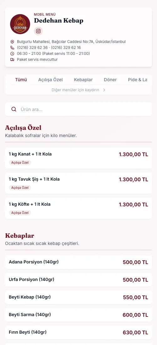 Dedehan Kebap dijital menüsü
