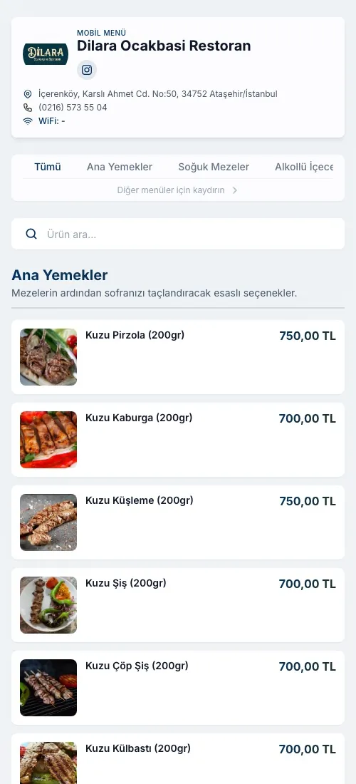 Dilara Ocakbaşı dijital menüsü